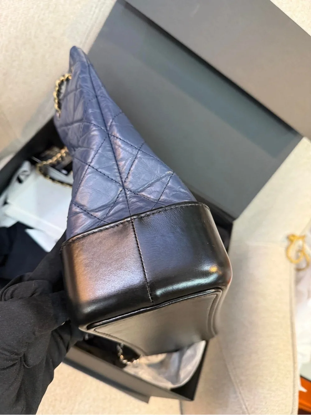 CHANEL Navy Quilted Leather Drawstring Shoulder Bag with Black Base Medium